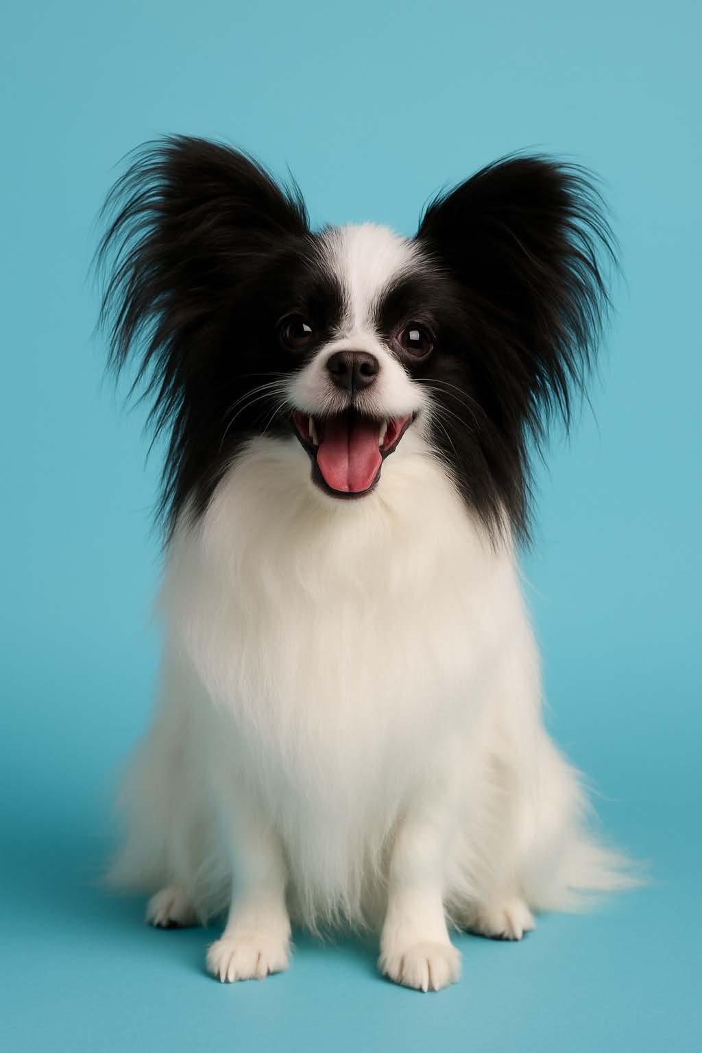 Happy Papillon with large butterfly ears and a bright smile, beautifully groomed at Donna's Doggy Dooz, Wellington FL