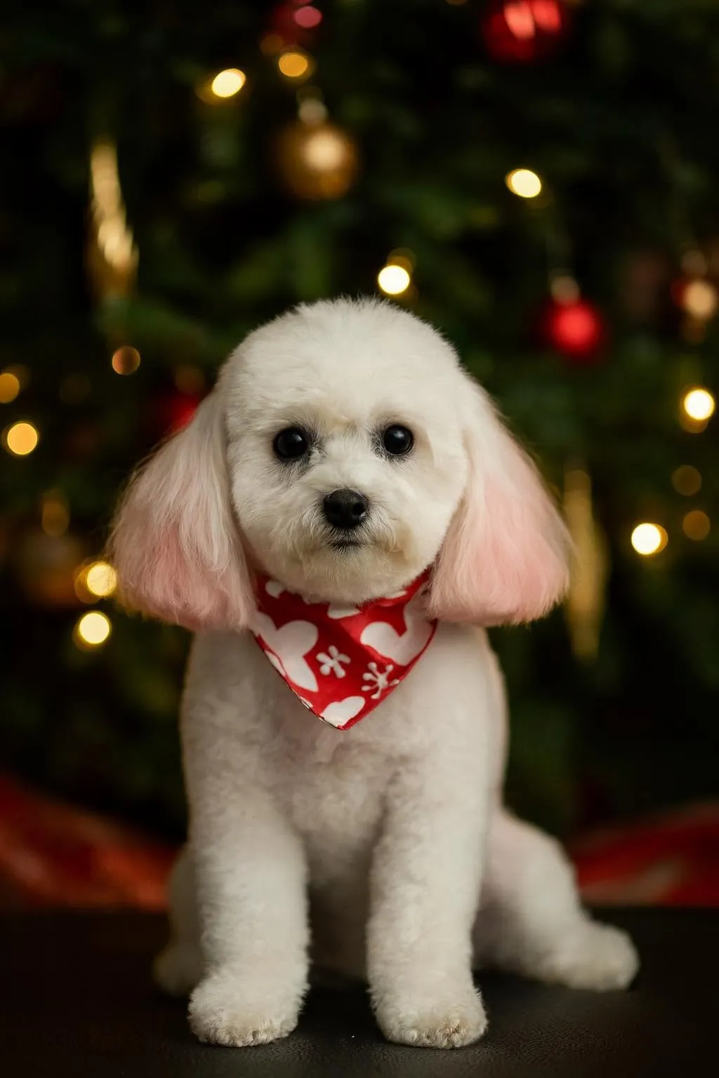 Adorable white Poodle with a festive red bandana posed in front of a Christmas tree after grooming at Donna's Doggy Dooz