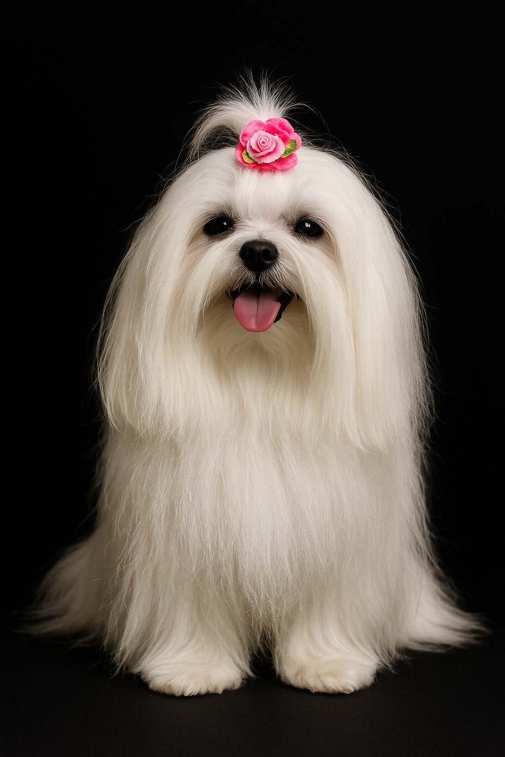 Beautiful white Maltese with a pink bow, freshly groomed and glowing after a visit to Donna's Doggy Dooz