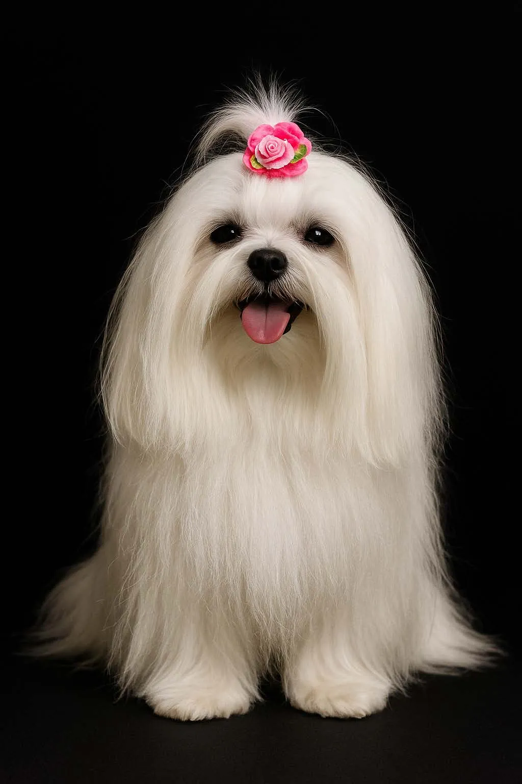 Beautiful white Maltese with a pink bow, freshly groomed and glowing after a visit to Donna's Doggy Dooz