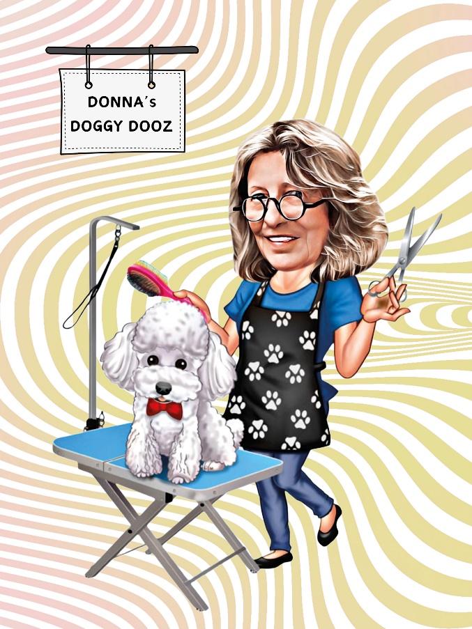 A fun caricature illustration of Donna grooming a white poodle at Donna's Doggy Dooz, Wellington FL