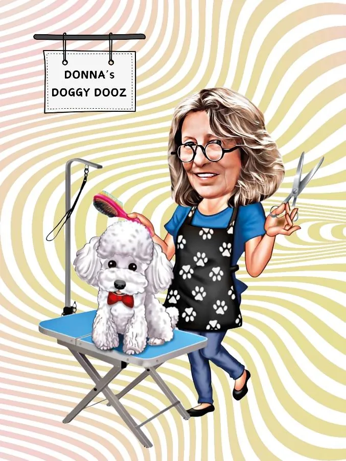 A fun caricature illustration of Donna grooming a white poodle at Donna's Doggy Dooz, Wellington FL
